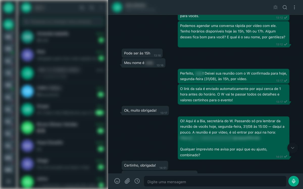 Conversa de WhatsApp em que a IA responde o cliente, reagenda a reunião e manda o link da sala.